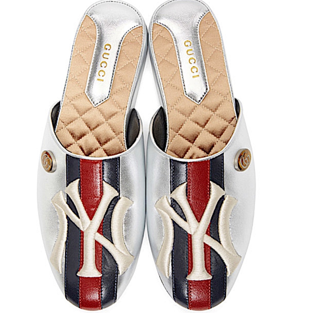GUCCI Women’s NY Yankees Patch Mule Slide Leather Sandals Silver